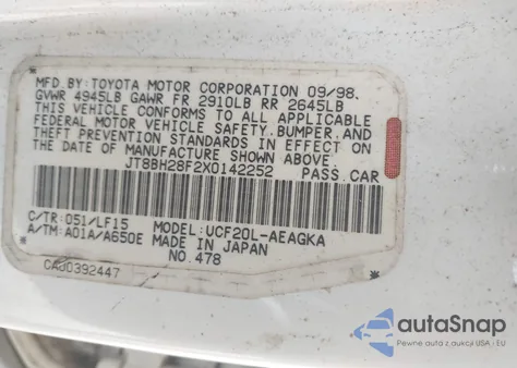 1999 Lexus Ls 400 из США, поврежденный, VIN JT8BH28F2X0142252